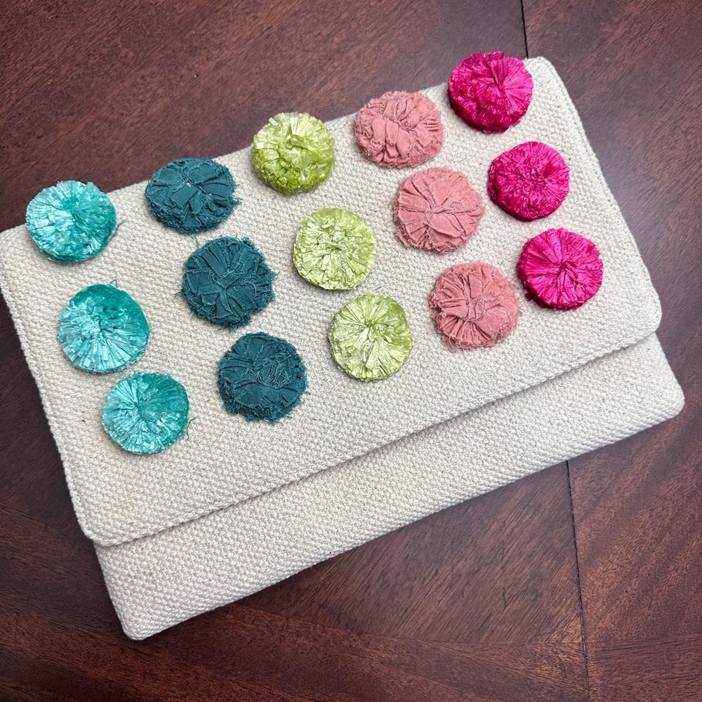 Stella & Dot Woven Multi Colored Floral Pom Pom Neutral Envelope Clutch Handbag